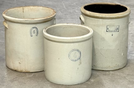 6 Gallon S.D. Mills, 6 Gallon Macomb, & 4 Gallon Buckeye Pottery Stoneware Crocks