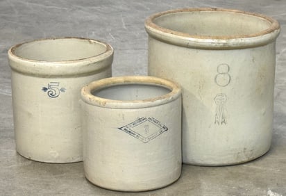 8 Gallon Buckeye Pottery Blue Ribbon Brand, 3 Gallon Pittsburg Pottery, & 5 Gallon Unmarked Stonewar