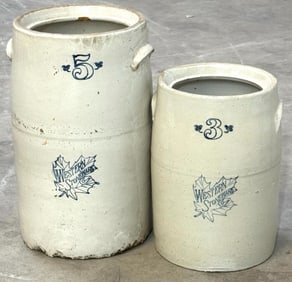 3 & 5 Gallon Western Stoneware Co. Maple Leaf Butter Churn Crocks