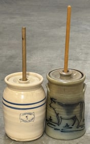 1 Gallon Hand Turned Marshall Pottery Butter Churn &  Rowe Pottery Cow Butter Churn