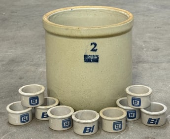 2 Gallon Ruckers Stoneware Crock & (9) Mini Kaukauna Cheese Crocks