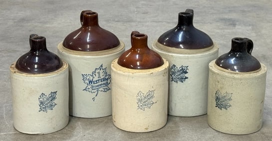 (5) Western Stoneware Maple Leaf Logo Crock Jugs