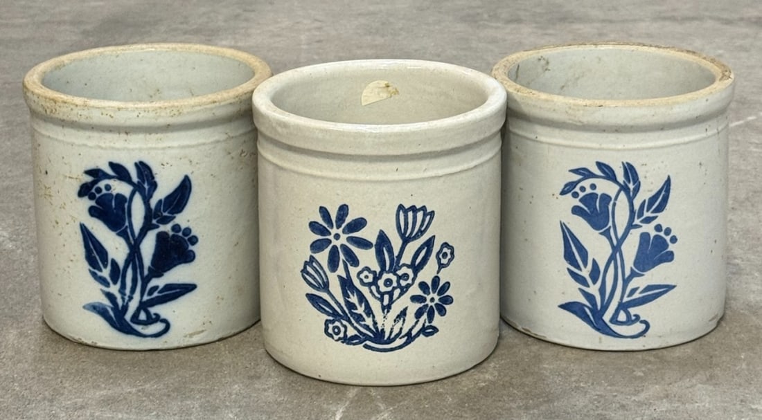 (3) 1/2 Gallon Western Stoneware Blue Floral Crocks: (3) 1/2 Gallon Western Stoneware Blue Floral Crocks, these crocks measure approximately 6" x 6". These have been previously used and show various paint scratches, dings and age spots.
