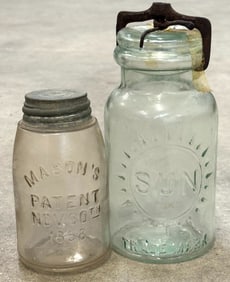 Mason's Patent Nov. 30th 1858 Glass Fruit Canning Jar & Trademark Sun Aqua J.P. Barstow 7 Class Frui