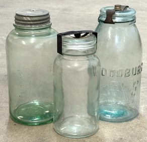 Various Glass Fruit Canning Jars, Including Boyd's Perfect Mason Jar & Woodbury Works 8 Jar
