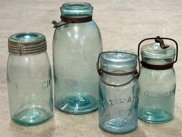 Aqua Blue Globe Glass Canning Fruit Jars, The Gem Blue Glass Canning Fruit Jar, & Hazel-Atlas EZ Sea