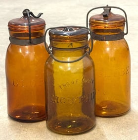 Amber Globe Glass Fruit Canning Jars With Glass Lids, Amber Glass Trademark Lightening Putnam Fruit