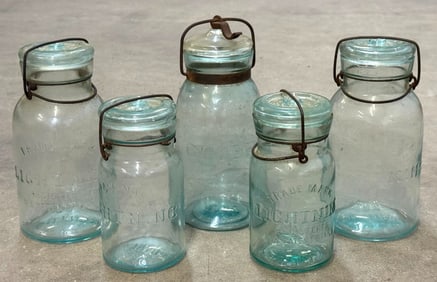 Trademark Lightning Putnam Aqua Blue Glass Canning Fruit Jars With Glass Lids, Globe Aqua Blue Glass