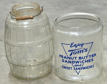 Tom's Peanut Butter Sandwiches Glass Jar & Store Counter Glass Pickle Barrel Jar