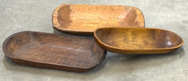 (3) Primitive Wooden Hand Carved Dough Bowls