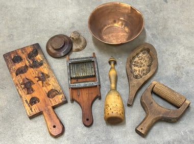 Primitive Wooden Butter Molds, Wooden Mandolin Food Slicer/Grater, Solid Wooden Kitchen Masher, Copp