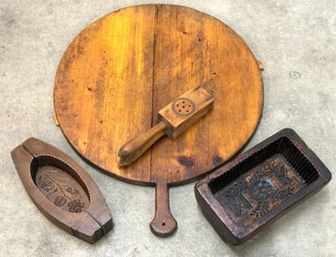 Primitive Wooden Cutting Board, Butter Molds, Garlic Press