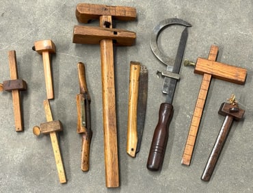 Antique Stanley And Unmarked  Mortise Gauges , Iron Thatcher, Folding Saw And Chairmakers Plane