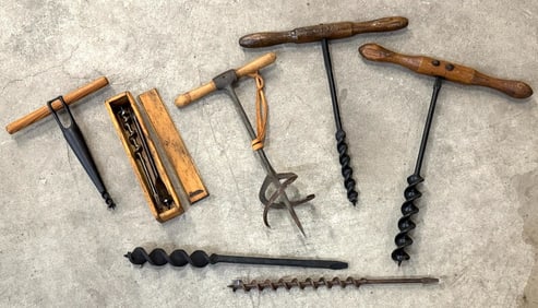 Primitive Handheld Augers With T-Handles, Drill Bits