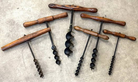 Wrought Iron Wooden T-Handles Drilling Augers: 14-18" Wrought Iron Wooden T-Handles Drilling Augers, These Wrought Iron Augers Vary In Diameter From 1-3", There Is Some Rust On All Of Them But They Are Still In Great Working Condition. The Wooden