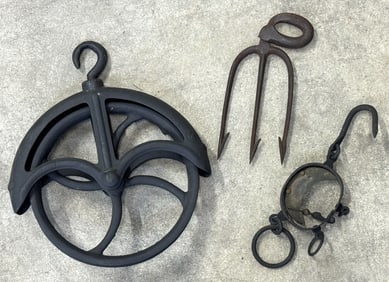3 Prong Fishing Spear & Buffalo Brass, Steel Hunting Scale &  Cast Iron Wall Pulley