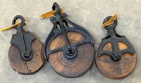 Vtg. Hudson Manufacturing Co. Pulley Cast Iron Framed Wood Wheel, and 2 smaller unmarked