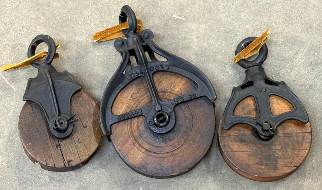 Vtg. Hudson Manufacturing Co. Pulley Cast Iron Framed Wood Wheel, and 2 smaller unmarked (1 of 9)