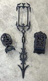 Antique Iron Weathervane Arrow/Lightning Rod Cast Iron Matchbox Holder & Candle Stick Holder