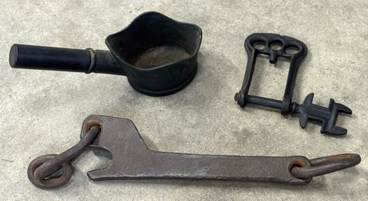 Chinese Bronze Silk Iron With Wood Handle, Wagon Clevis & Pin Wrench