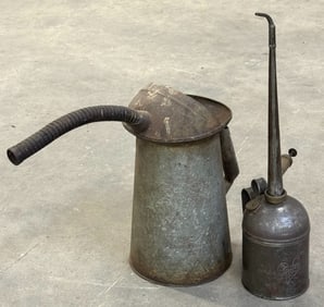 NYC- PA Galvanized Oil Can Flexible Spout 1 Quart Liquid & Vtg. Long Spout Railroad Oil Can