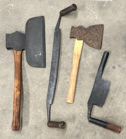 Antique Cooper Hand Chamfer Barrel Knife, Draw Knife & 2-Short Handled Broad Axes