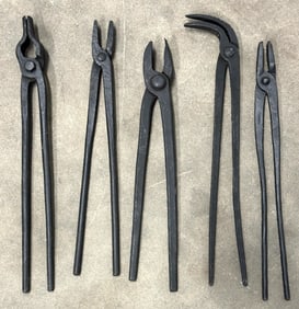 Assortment of Large Hand Wrought Forging Flat Tongs & Iron Pipe Tongs