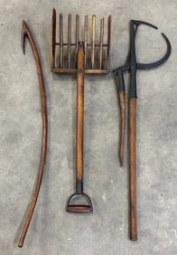 Primitive Farm Tools Including Hay Crook, Hay Moving Tool & Malt Fork