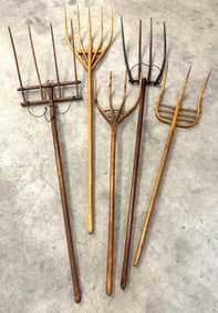 Assortment of Wood Primitive Pitchforks
