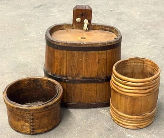 Primitive Wood Stave Cask Pail, Steam Bent Wooden Dry Measure, and Barrel