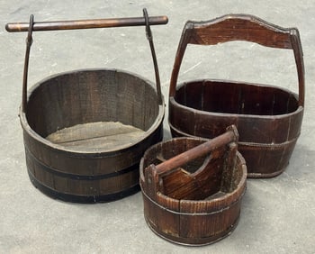 Antique Chinese Wood Well Bucket, Divided Handled Carrier
