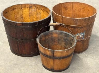 Vtg. Pure Lard Wooden Bucket, and Unmarked Banded Wooden Barrel Buckets