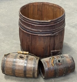 Pair of Antique Wooden Covered Wagon Water Barrels & Antique Wood Barrel