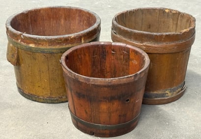 Assortment of Primitive Wooden Banded Buckets
