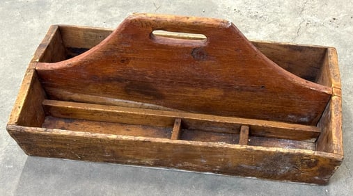 Rustic Farmhouse Decor Including Butter Churner, Wooden Tool Crate, and Solid Wood Stool
