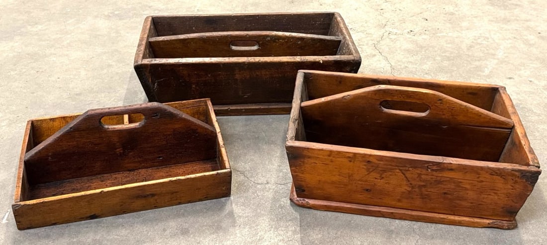 Wooden Divided Tool/Cutlery Trays with Handle and Stationary 2 Sided Tray: Wooden Divided Tool/Cutlery Trays with Handle and Stationary 2 Sided Tray. This Trio of Antique Wooden Storage Pieces Includes Two Tool or Cutlery Carrying Totes with Handles and a Two-Sided Wooden St
