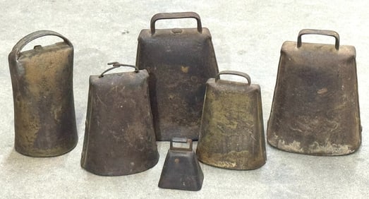 (6) Vintage Forged Brass & Metal Cow Bells, Assorted Sizes