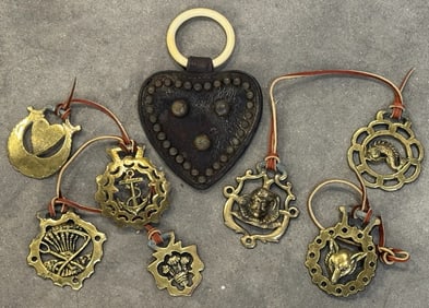 Horse Tack Leather Heart With Celluloid Ring Harness, and Horse Brass Harness Medallions