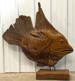 3ft Long Carved Wood Fish Sculpture