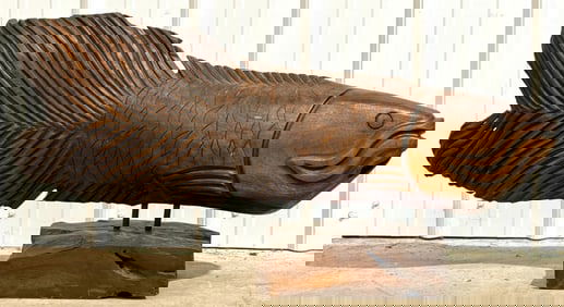 38in Long Carved Wood Fish Sculpture