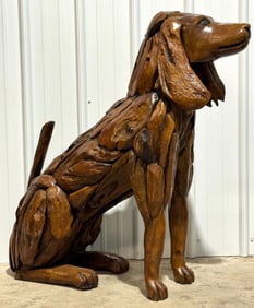 3.5ft Tall Teak Wood Sitting Dog Sculpture