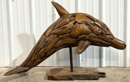 3.5ft Long Teak Wood Dolphin Sculpture