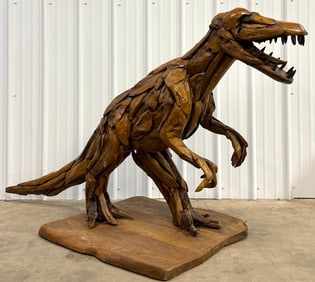 3.5ft Tall Teak Wood Dinosaur Sculpture