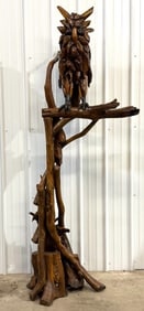 7-1/4ft Tall Teak Wood Owl On Branch Sculpture