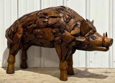 3.5ft Long Teak Wood Hog Sculpture