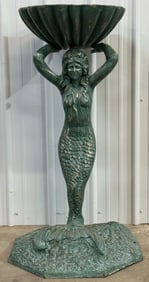 44in Tall Metal Mermaid Bird Bath, Patina Color