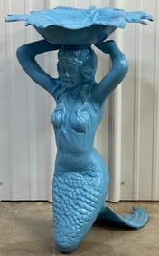 28in Tall Mermaid Cast Aluminum Birdbath, Painted Blue