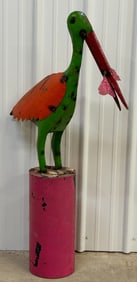 4ft Tall Metal Art Painted Pelican With Fish On Post Outdoor Sculpture