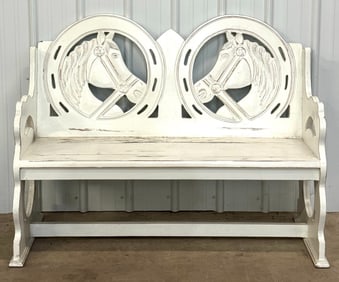 52in Long Carved Wood Painted Horse Bench