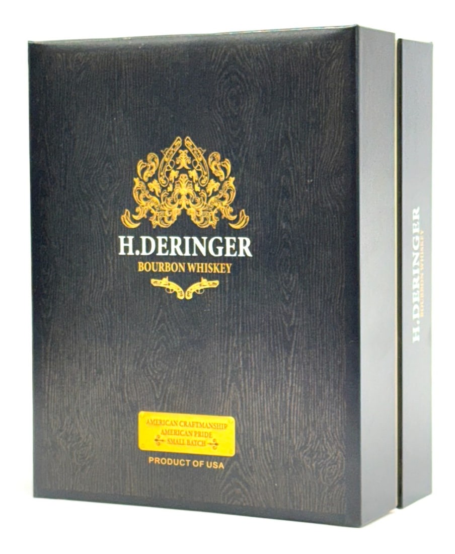 H. Deringer Bourbon Whiskey Gift Box.: H. Deringer Bourbon Whiskey Gift Box. ?A bold American bourbon aged 5 years and presented in a striking collector?s decanter?complete with a pistol-shaped cork stopper that honors its namesake, Henry 